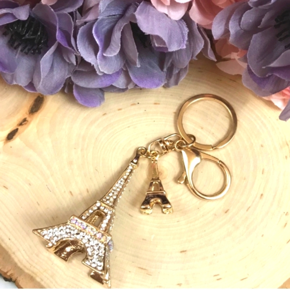 💗bundle 💗RHINESTONE DOUBLE EFFLE TOWER PURSE CHARM OR KEYRING GOLD HARDWARE - Picture 5 of 9